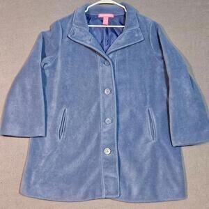 Woman Within Blue Fleece Coat Jacket L Large Soft Button Front Warm Lined Casual